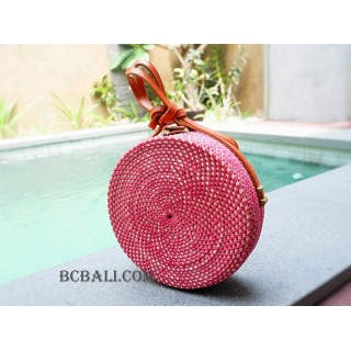 circle sling leather bag rattan fashion maroon